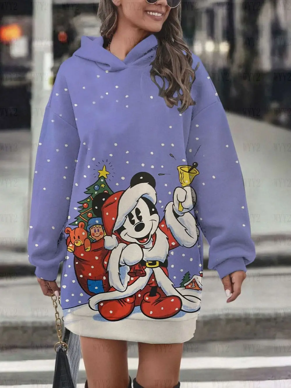

Gentle Casual Korean Style Women's Wear Disney Christmas Style Mickey Mouse Pattern Women's Long Sleeve Hoodie Dress