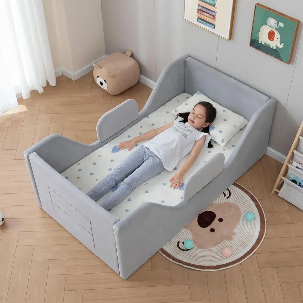 

Toddler loor Bed with Removable Saety Rails and Storage Bag, Kids Bed or Girl and Boys, Stand Crib Size, Saety Upholstered Child