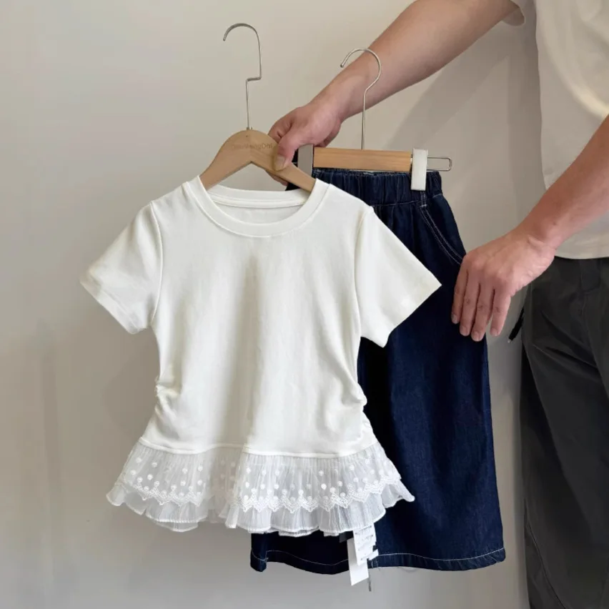 

Girls T-shirts Pullover Top 2025 Spring Summer New Girl Lace Splicing Short Sleeves T-shirts for Children