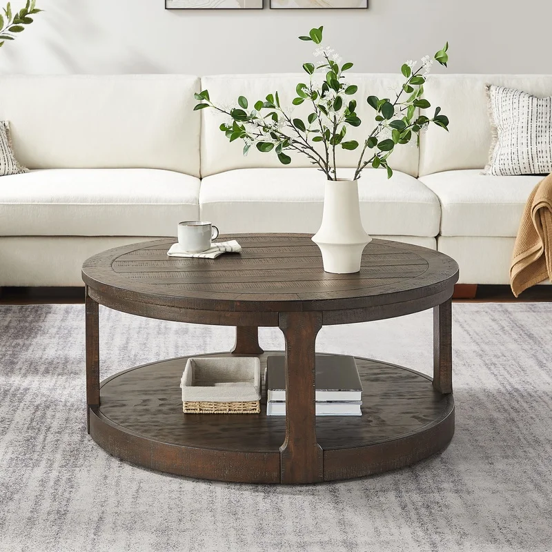

40-inch Curved Wooden Coffee Table with Wheels, Mid-Century Round Design, Rustic Brown Finish for Living Room or Office