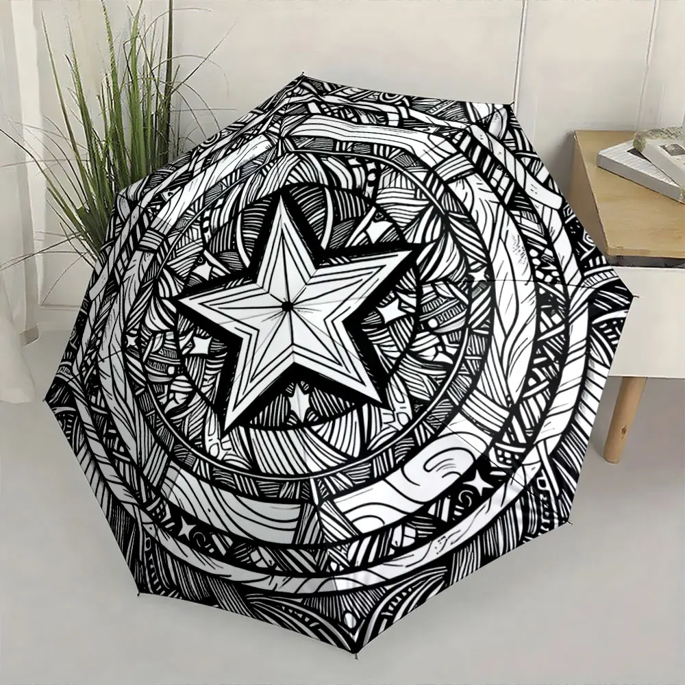 1PC Mandala Star Umbrella: Intricate Geometric Design Print 8 Iron Ribs Folding Umbrella Auto-Open Fashion Sunshade