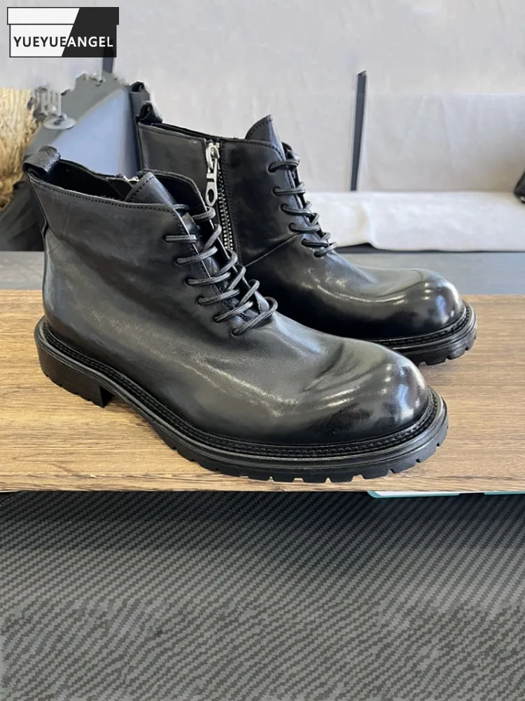 Men Designer Horsehide Genuine Leather Comfortable Round Toe Business Work Shoes Lace Up High Top Motorcycle Biker Ankle Boots