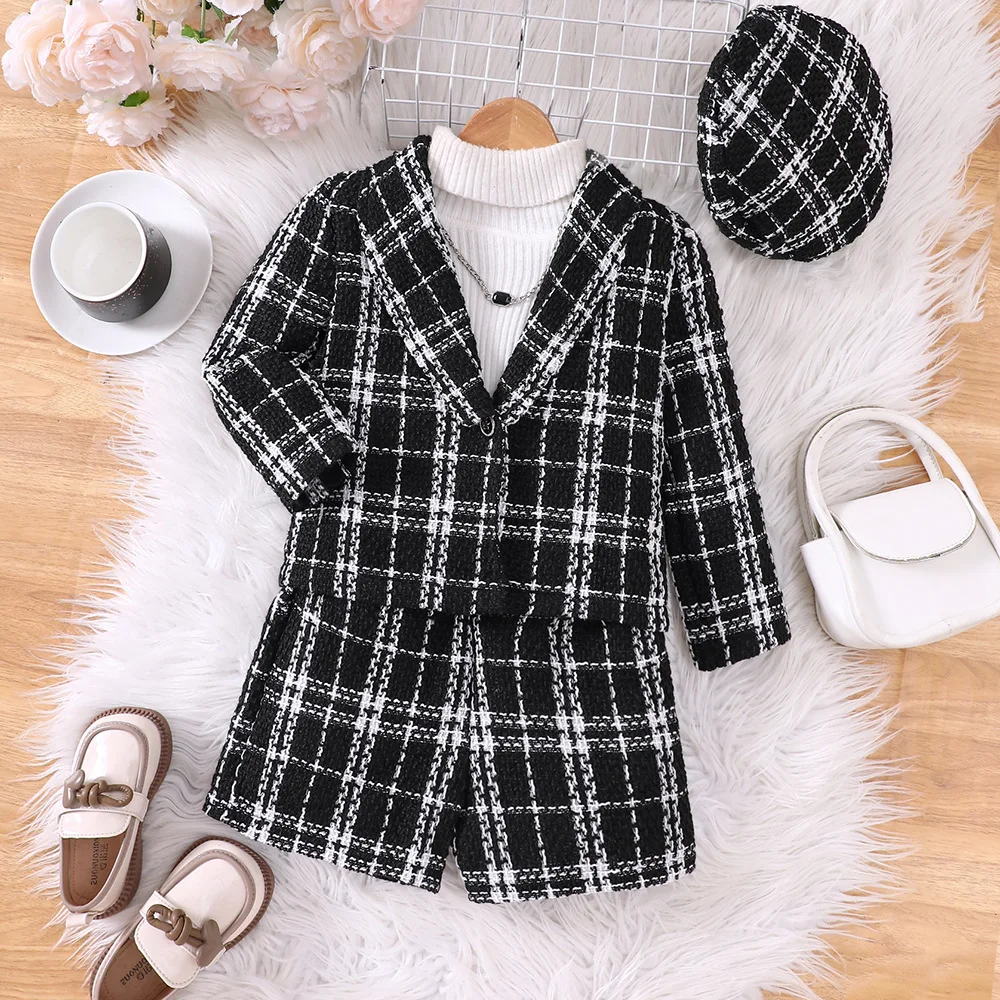 2024 Clothing Set Girls Long Sleeve Turn-down Collar Plaid Black Pants 2 Pcs Sets Casual Girls Clothes Set 2-7T