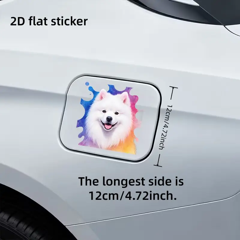 2D Flat Stickers, Samoyed Dog Pink Inner Ear, Happy Smiling Car Fuel Tank Cap Stickers, Brightly Abstract Colored Background