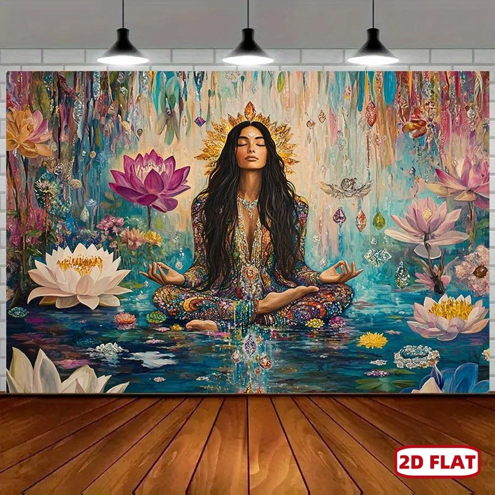 Meditation Woman Lotus Flower Tapestry Spiritual Art Yoga Decor Boho Wall Hanging Colorful Water Scene Living Room Print