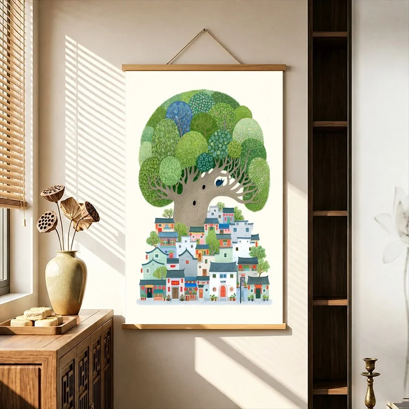 Room Decorations Colorful Hillside Village beneath Old Trees, Pearlescent Canvas Hanging Scroll for Boutique Guesthouse Interior