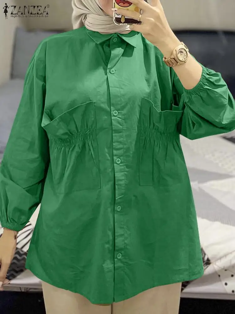 

2023 ZANZEA Women Casual Long Sleeve Shirt Vintage Muslim Dubai Turkey Abaya Hijab Blouse Spring Solid Tops Islamic Clothing