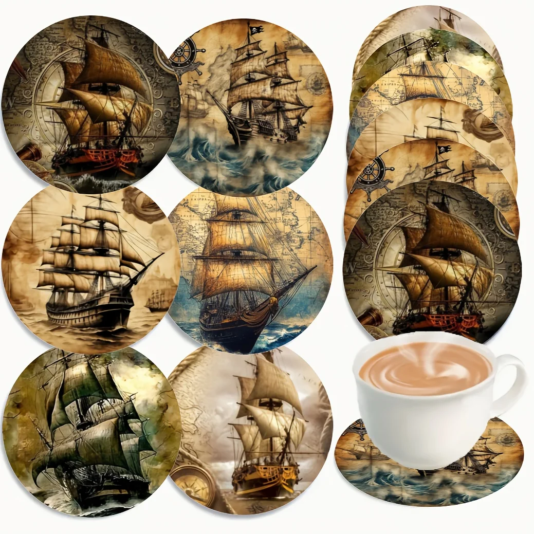 6PCS Retro Classic Pirate Ship Themed 2D Flat Wooden Coasters Tea Cups Coffee Cups Decorative Home Dining Room Bar Hotel Items