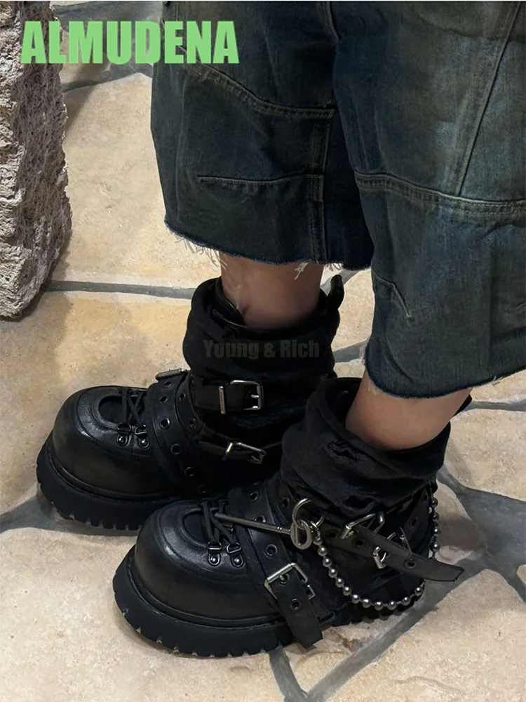 

Unisex Metal Belt Buckle Short Boots Thick Soled Motorcycle Boots Punk Style Round Toe Lace Up Splicing, Mid Heel Short Boots