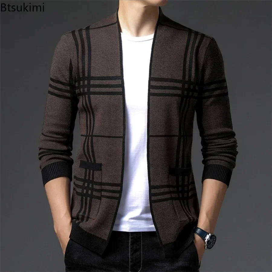 2024 Men's Fashion Knitted Cardigan Jacket Korean Style Striped Slim Fit Sweater Coats Simple Men's Casual Clothing Blazer Tops