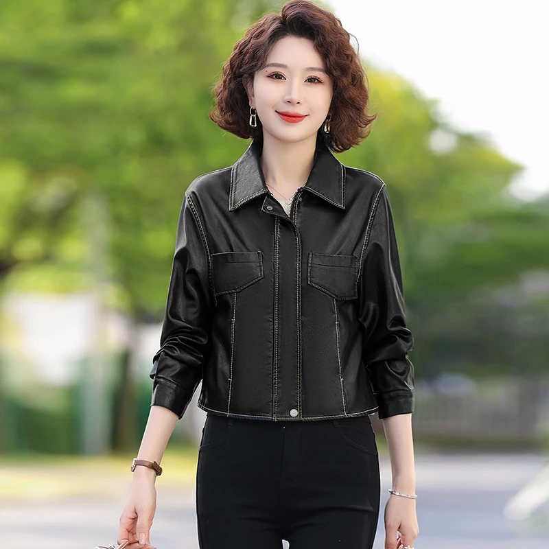 Jaqueta de couro fina feminina, gola alta, costura com zíper, casaco monocromático, roupas da moda