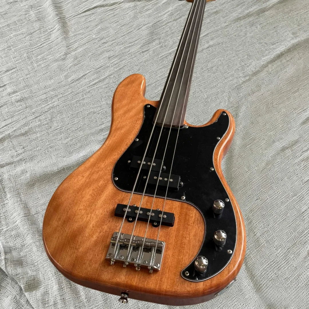 4-String Fretless Electric Bass Guitar, Natural Wood Finish Solid Body, Black Pickguard, Rosewood Fingerboard