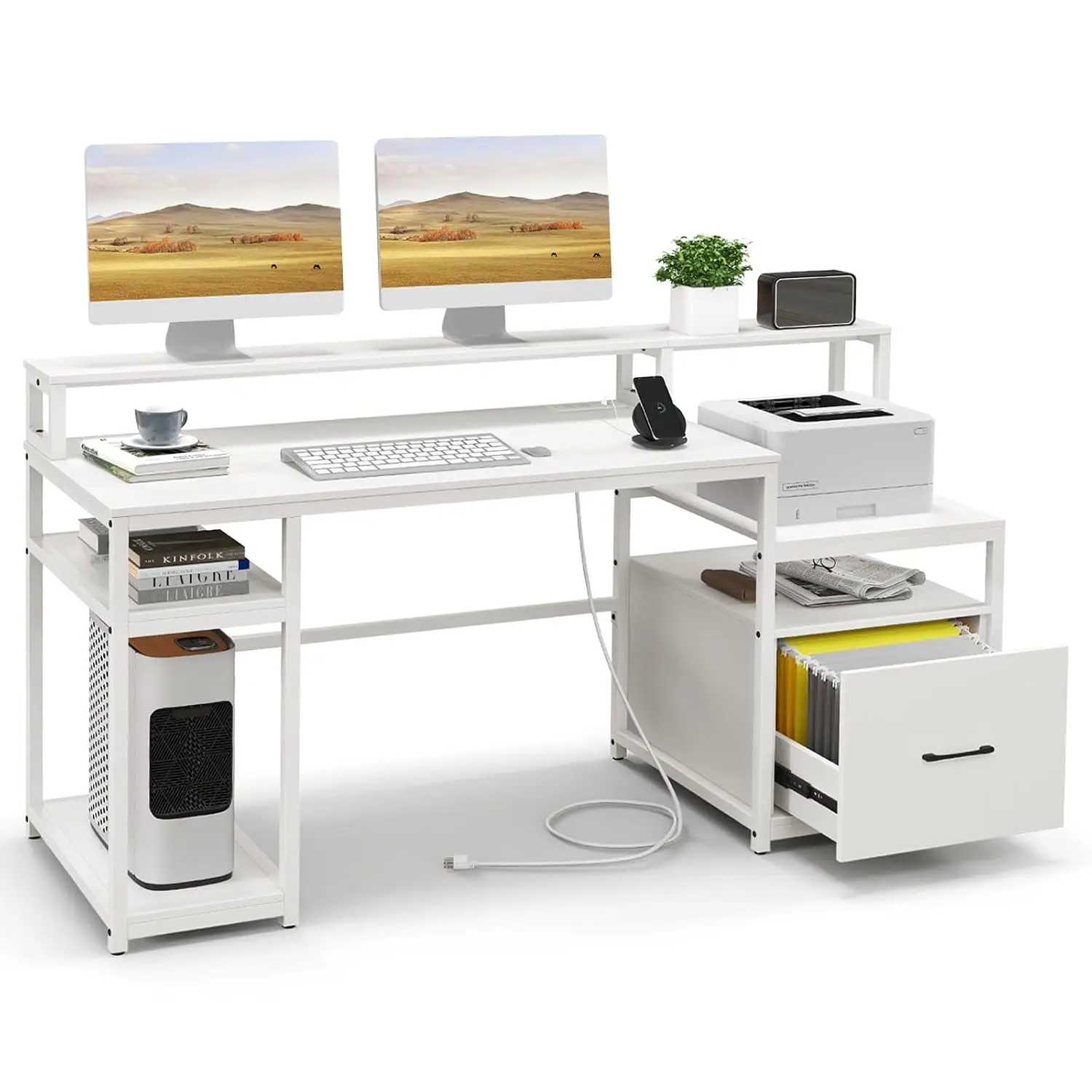 Desk 66 Inch Charging Station Monitor Stand Printer Cabinet CPU Stand File Drawer Gaming Writing Table Bedroom White, Customized