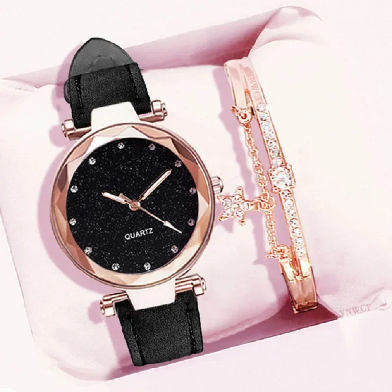 2023 Starry Sky Women Watch Set 2Pcs Bracelet Ladies Wristwatch Pink Female Girls Clock Fashion Leather Simple Watches Montre