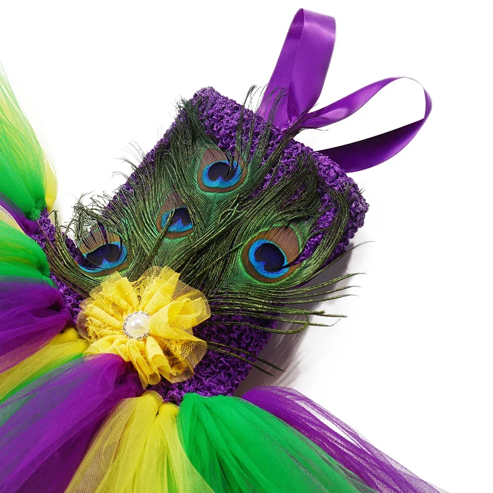 Girls Peacock Costume Kids High Low Flower Feathers Tulle Princess Tutu Dress Girls Halloween Mardi Gras Pageant Party Dresses