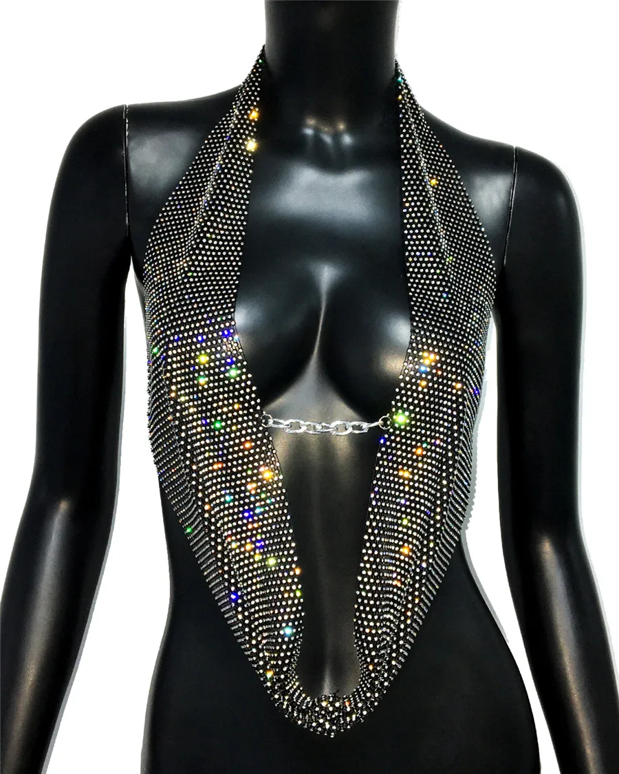

Fashion Hollow See Through Fishnet Rhinestone Metal Chain Camisole Party Club Crop Top Sexy Backless Deep V Neck Tank Top