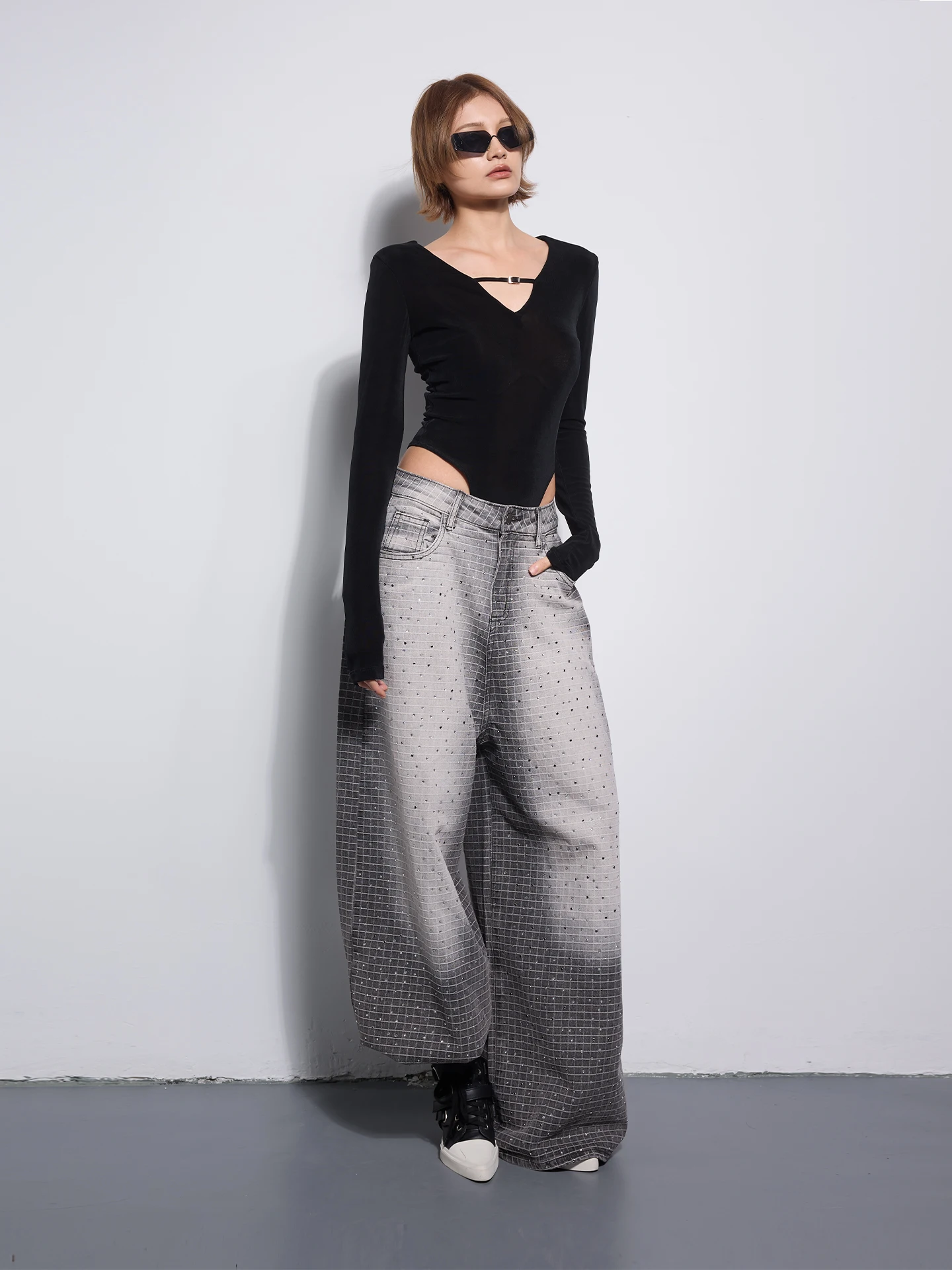 

Loose Fit adient Texture Cotton Denim Pants Glittering Diamond l Waist Wide Leg Casual Sle Comfortable Commute