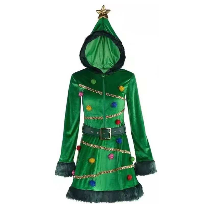 Flanela verde feminino com capuz vestido de Natal, senhora Papai Noel fantasia, veludo quente, Natal, festa de ano novo, extravagante, inverno