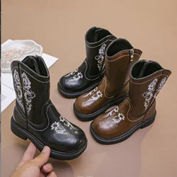 2024Autumn Children's Leather Boots Embroidery Girls Cowboy Boots Round Toe Zip Kids Princess Shoes Children British Retro Boots