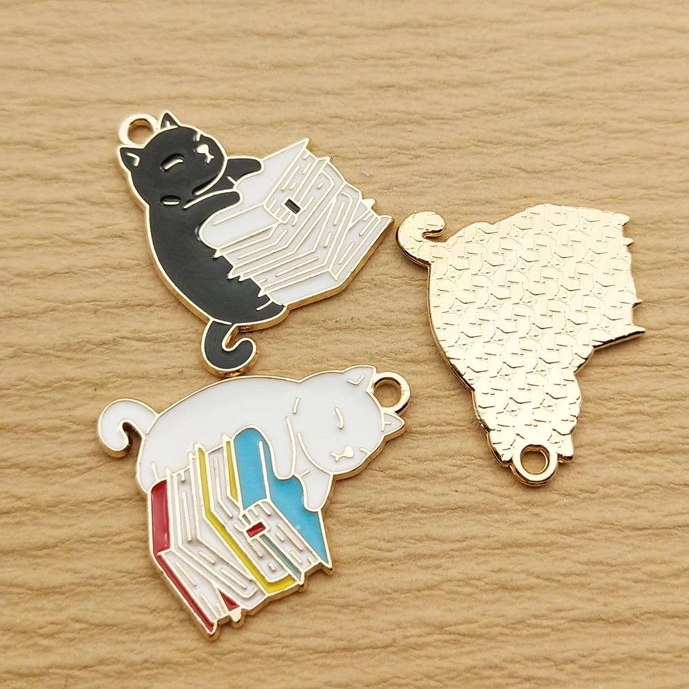 10pcs Book Cat Charm Jewelry Accessories Enamel Necklace Earring Bracelet Pendant Diy Making Supplies Alloy Metal Gold Plated