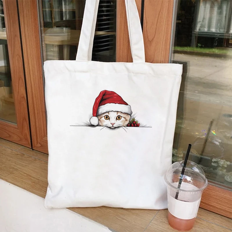 Canvas Women Handbags Christmas Cat Print Tote Bag Shopping Bags Reusable Shoulder Bag for Student Teen Christmas Gift Handbags