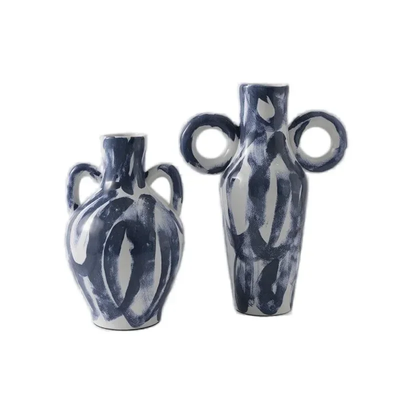 Binaurale Keramikvase für Zuhause, Modellzimmer, B & B, blau-weiß gestreiftes Kunst-Blumenarrangement-Ornament