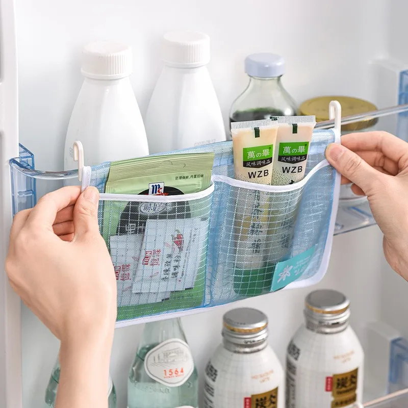 Refrigerator Hanging Mesh Bag Double Compartment Storage Bag Fridge Side Door Organizer for Sauce Packet Kitchen Storage