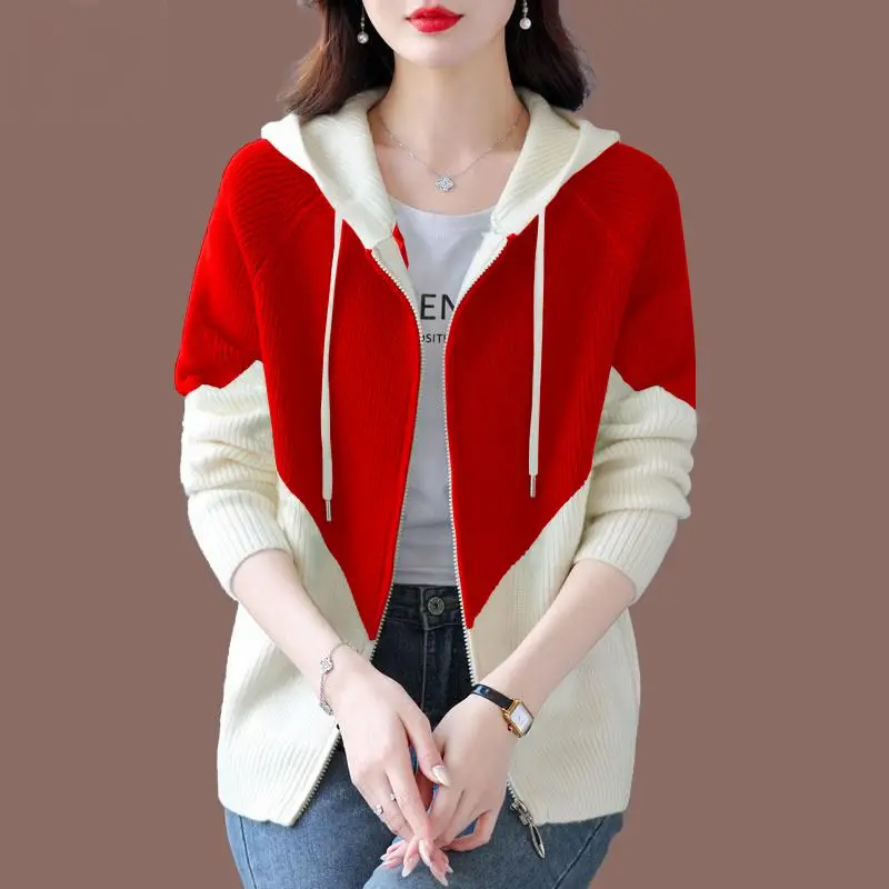 Fashion Zipper Spliced All-match Lace Up Hooded Cardigan Sweaters Women's Clothing 2023 Winter Loose Knitted Commuter Tops