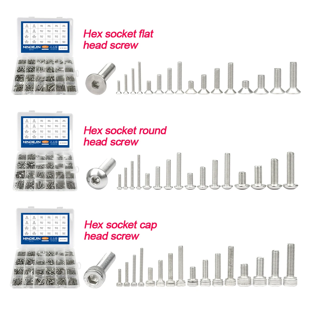 Nindejin-六角ソケットヘッドスクリューナットセット、ステンレス鋼、m2、m3、m4、m5、六角形、フラット、ラウンド、ヘッドスクリューアソートキット、580個、セット