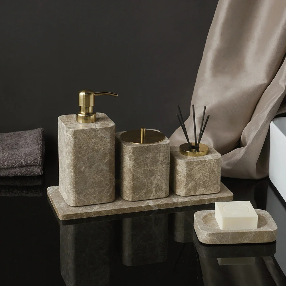 Emperador Light Natural Marble Bathroom Accessories Set Soap Dish Soap Holder Vanity Tray Bathroom Set