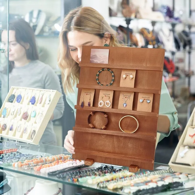 1Set 5 Tier Earring Cards Display Stand Wooden Retail Jewelry Display Removable Showcase with Slots Rustic Earring Display Card