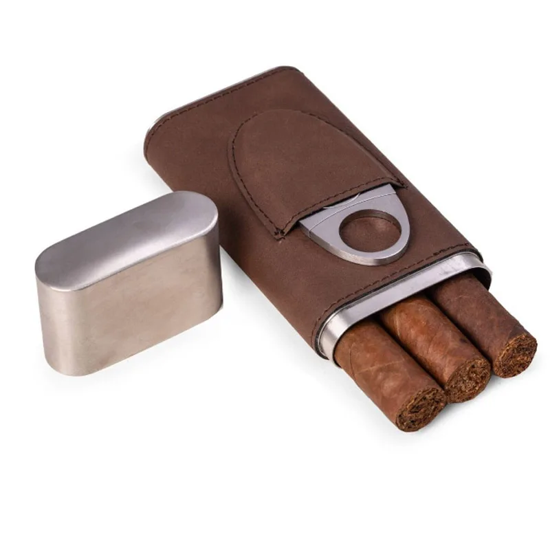 Custom Birthday Gift For Father's Day Husband Men Personalized Leather-Wrapped Stainless Steel Cigar Case with Cutter Combo