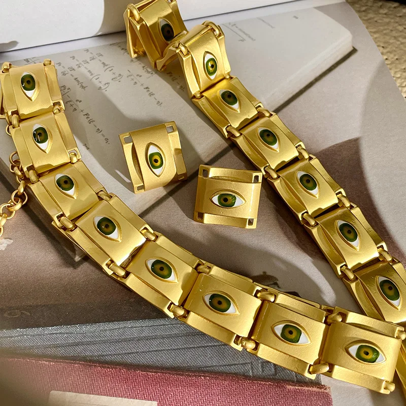 Orecchini a forma di occhio del diavolo quadrato Color oro opaco girocollo per gioielli in metallo Vintage con catena da collo per ragazze da donna