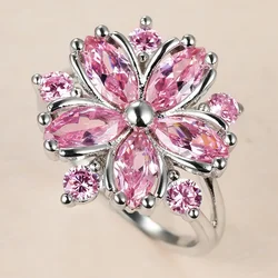 Cute Female Pink Crystal Stone Ring Charm upscale Thin Wedding Rings For Women Dainty Bride Flower Zircon Engagement Ring