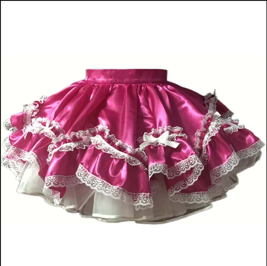 

French Princess Pink Satin Apron Bowknot White Lace Bottom Sissy Dress Dresses Maid Ball Dresses Custom Multicolor Apron