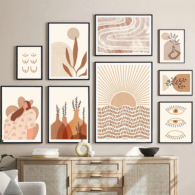 1pc frameless Canvas Painting Boho Lines Sun Girl Vase Leaf Rainbow Geometry Wall Art Canvas Painting Nordic Posters And Prints