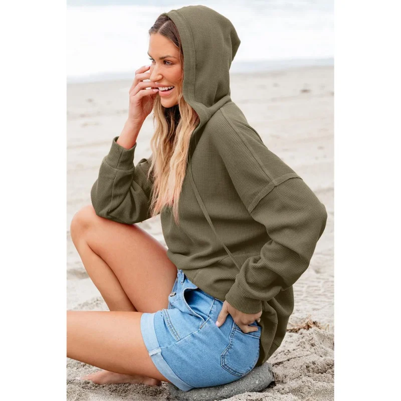 Spring Atumn  V-neck Sweatshirt With Pockets Basic Lazy Style Loose Versatile Daily Hoodied Top Solid Color Fashion Streetwear