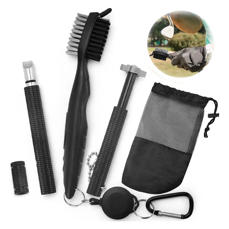 Kit de limpiador de palos de Golf, cepillo retráctil y 2 afiladores de ranuras para U y V, Kit de limpieza de palos de Golf