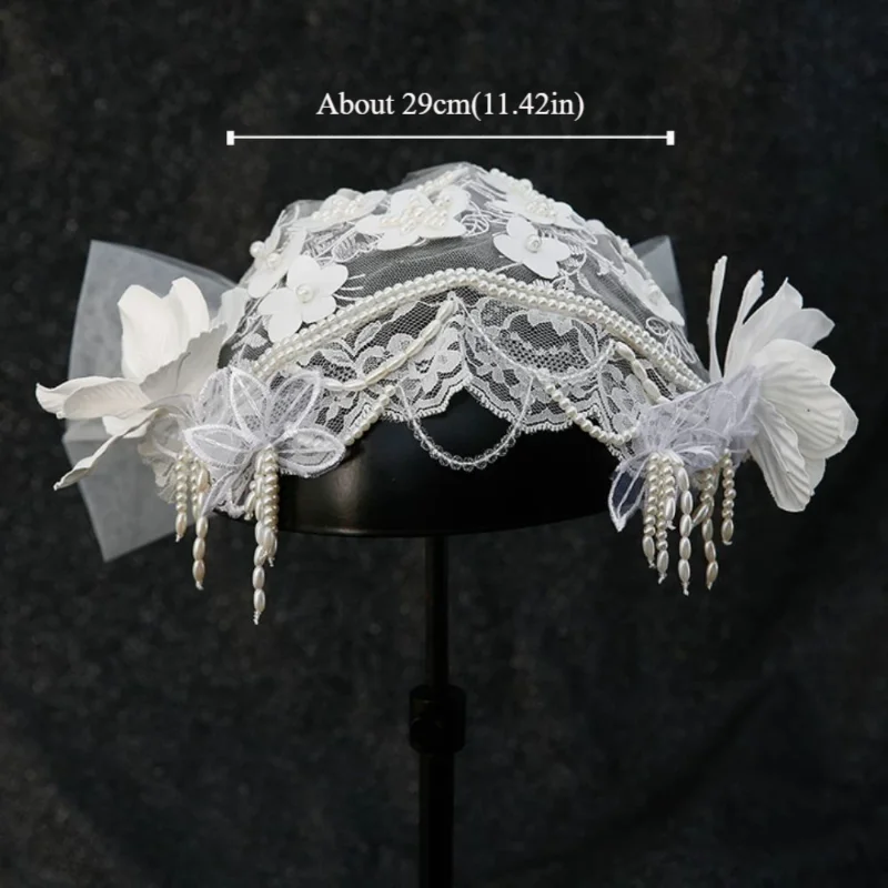 Topi pengantin bunga renda Retro hiasan kepala pengantin Tulle putih manik-manik mutiara hiasan kepala pernikahan mewah perhiasan rambut