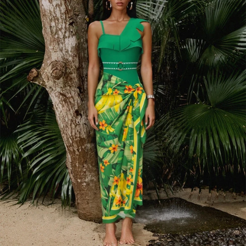 

Summer Fashion Pattern Print Cover Up 2pc Set Slanted Collar Romper + Long Skirt Outfit New Sexy Asymmetrical Slim Fit Swimsuit