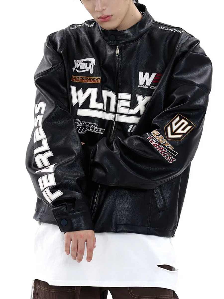 

Винтажная мотоциклетная куртка из искусственной кожи с вышивкой для мужчин, байкерское пальто премиум-класса для гонок в стиле авиатора, шикарная весенне-осенняя уличная одежда