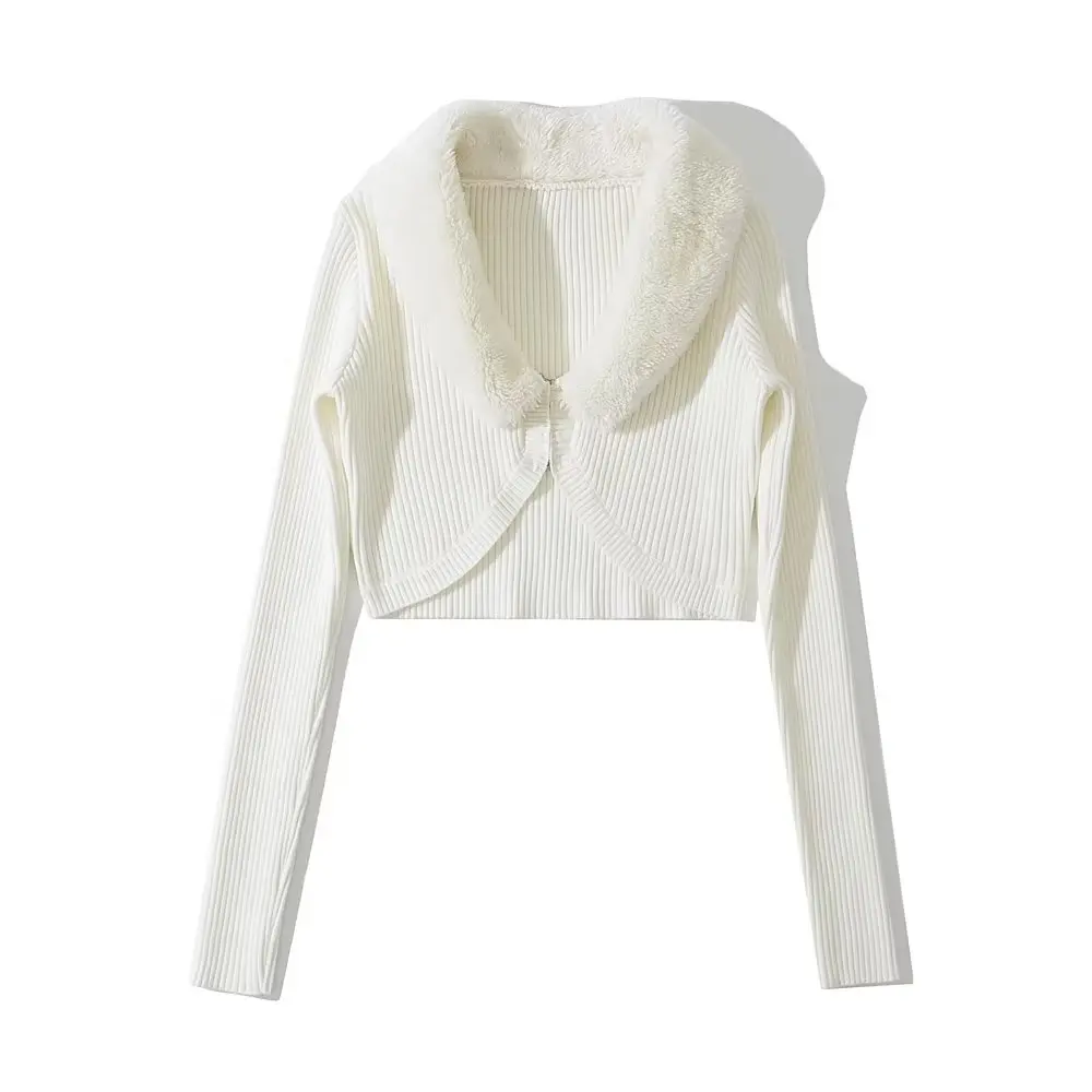 Women Luxury Fur Collar Cardigans Long Sleeve Knitted Metal Buckle Crop White Chic Sweaters