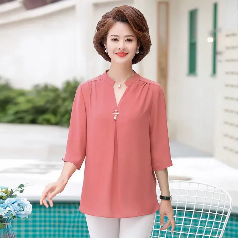 

3/4 Sleeve Mom Chiffon Causal Blusas Summer Loose Plus Size Tops Korean Fashion Chic Shirt Elegant Thin Camisas E29