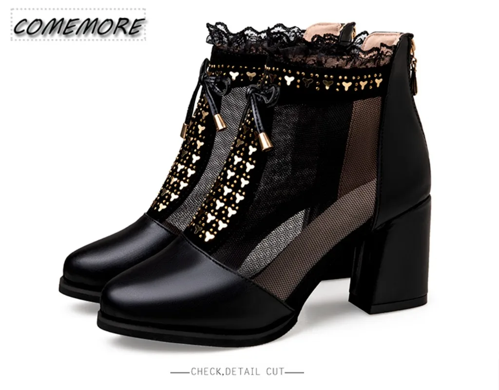 2024 Elegant High Heels Mesh Bow Summer Shoes High Heel Women Sandals Fish Mouth Black Leather Sandal Ankle Boots Luxury Fashion