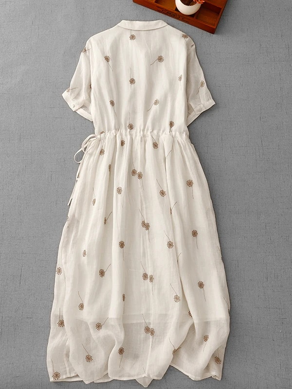 E Vestido Corto de Lino Bordado con Manga Corta, Cintura Ajustada, Cuello de Muñeca, Falda Larga para Mujer, Estilo Vi...