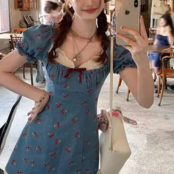 Hotsweet Vintage Denim Mini Dress Summer Sweet Cherry Printed Women's Clothing Lace Patchwork Stylish Puff Sleeve Waist Dresses
