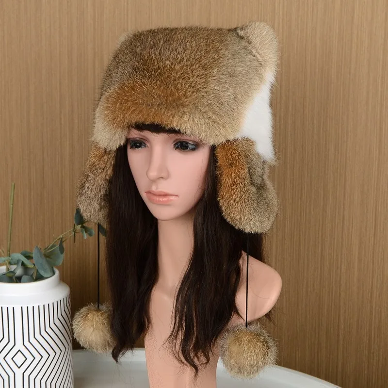 Fashionable warm and ear-protecting full leather fur hat for women windproof thickened cover scalp
