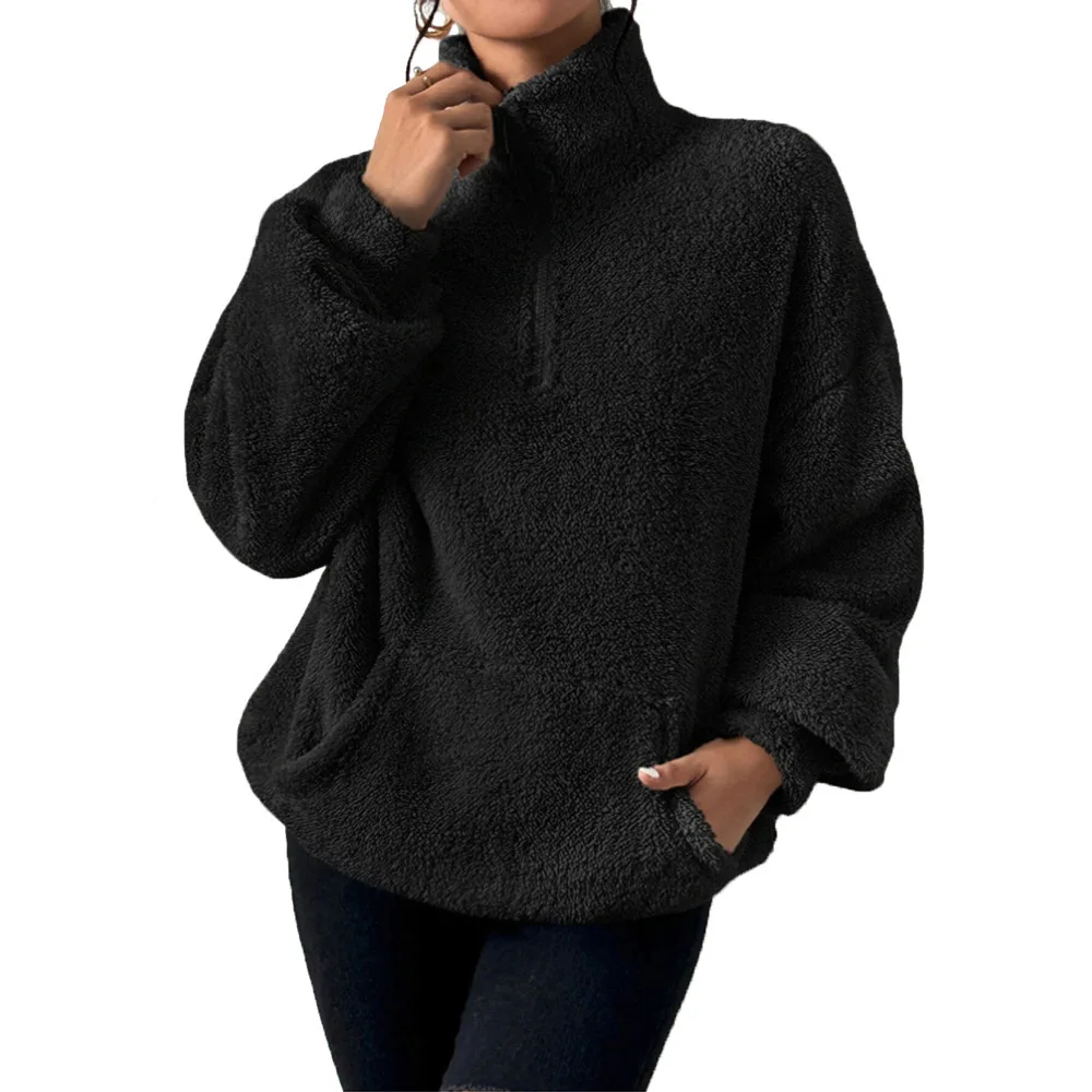 Women's Knitting Hoodies 2025 Autumn Winter Plush Fleece Lined Stand Collar Hooded Sweatshirt New Casual Daily Upper Garment