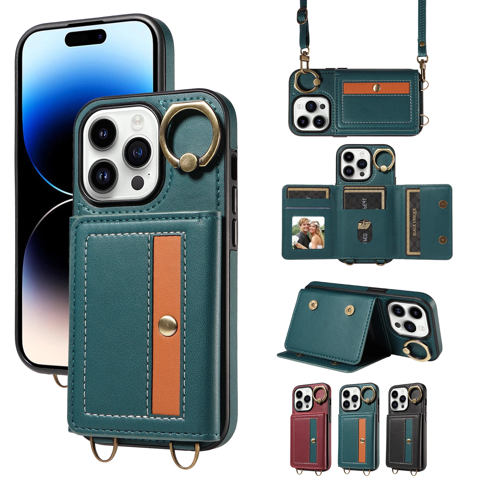 

Card Pocket 007 Phone Case Cover for iPhone 11 12 13 14 15 Pro Max 7 8 Plus XR XS PU Leather Skins Shell +Ring with Long Strap