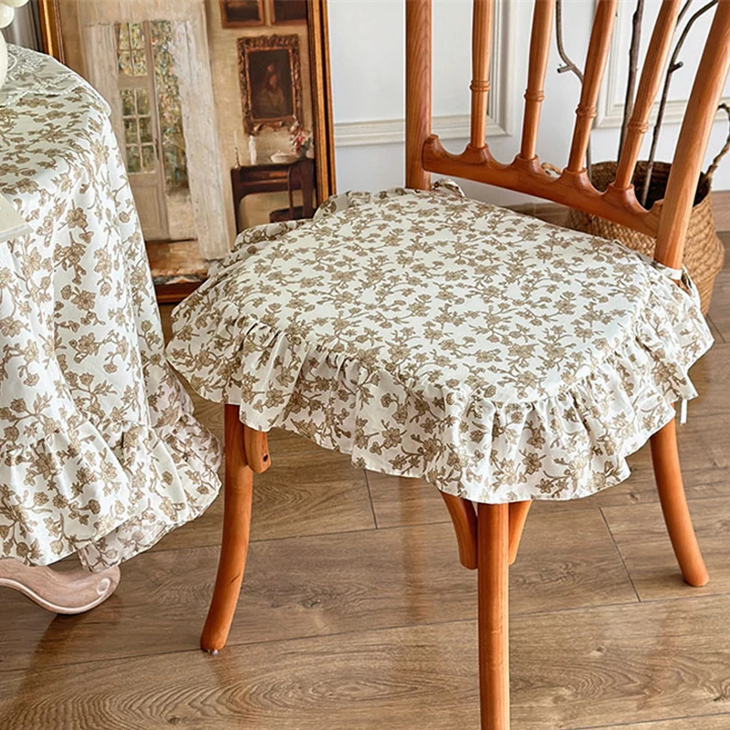 French Dining Chair Cushion Vintage Ruffled Strap Seat Cover Korean Style Floral Office Seat Cushion Removable and Washable